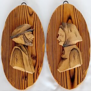 Vintage Folk Art Rustic Brown Carved Wood Wall Decor Plaques Made In Canada
